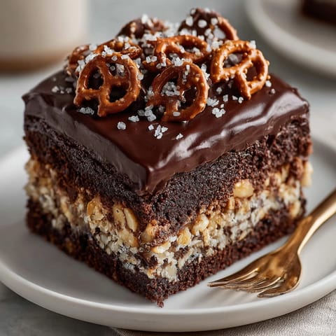 Rich Chocolate-Dipped Pretzel Sheet Cake sliced for sharing, showcasing salty-sweet layers and textures
