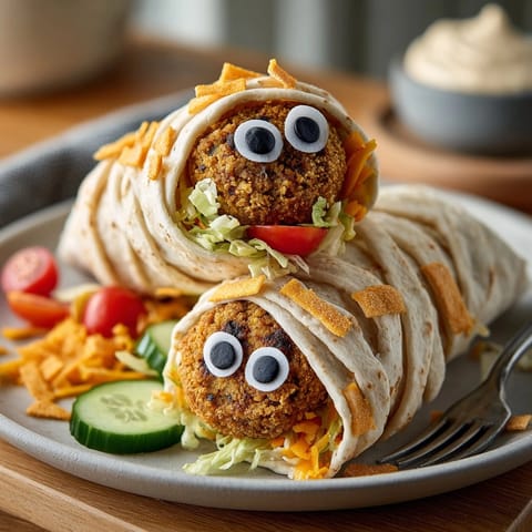 Delicious Mummy Falafel Wraps; fresh veggies, falafel "mummies", ready for a playful lunch.