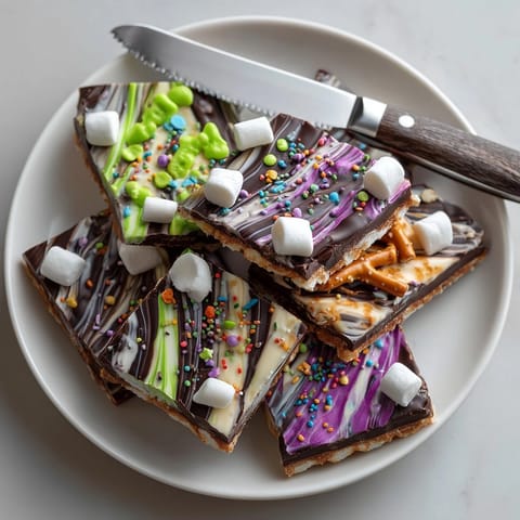 Delicious Melted Witch Chocolate Bark: a spooky Halloween treat studded with candies.