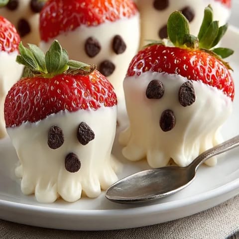 Homemade Yogurt-Covered Strawberry Ghosts: dipped fruit with yogurt and chocolate chips—easy recipe