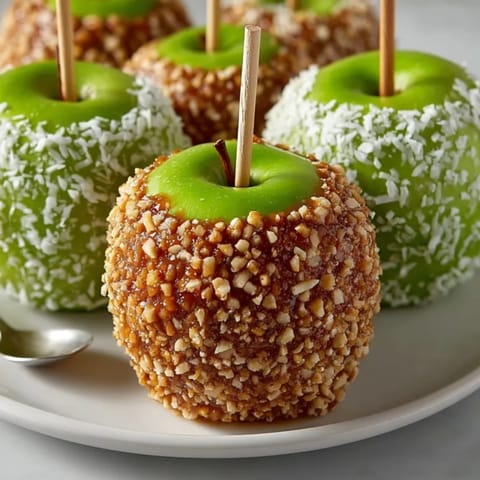 Homemade Vegan Caramel Apples glistening with warm caramel, ready for topping and sharing.