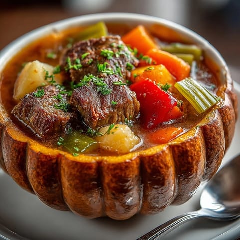 Hot, comforting Jack-o&apos;-Lantern Beef Stew in sweet roasted pumpkin; garnish with fresh parsley.