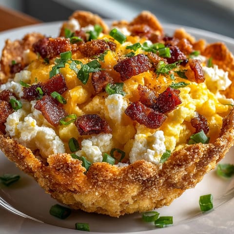 Close-up of a Crunchy Tortilla Breakfast Cup: crispy shell with fluffy egg filling.