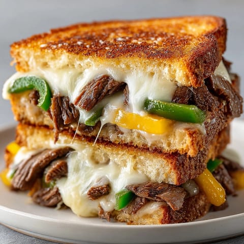 Buttery Philly Cheesesteak Grilled Cheese: Ribeye steak, peppers, and onions between toasted bread.