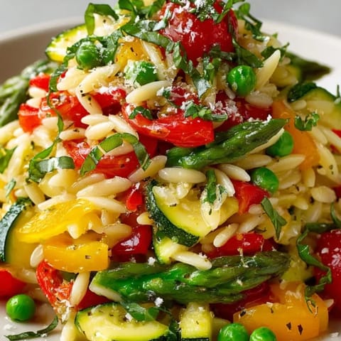 Delicious Orzo Primavera recipe: Al dente pasta mingled with colorful sautéed veggies, herbs, and lemon.