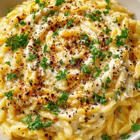 Easy Roasted Garlic Orzo recipe: View of the dish, ready to share with family.