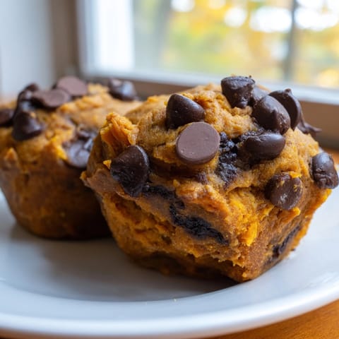 Golden Sweet Potato Pumpkin Chocolate Chip Muffins fresh from the oven, ready to eat.
