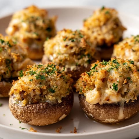 Creamy Shrimp Alfredo filling nestled in golden-baked mushrooms, a delightful Italian-American treat.  