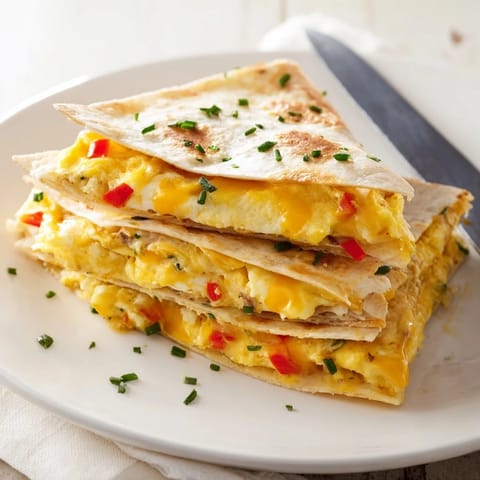 Golden-brown breakfast quesadilla filled with ricotta, cheddar, and vibrant bell pepper chunks.  