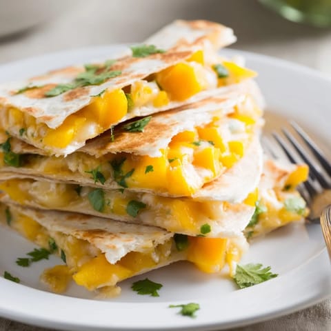 Savory cheesy mango quesadilla triangles served warm, perfect for snack time sharing.  