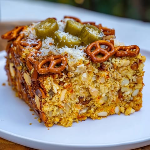 Golden brown Spicy Ranch Pretzel Chaos Cake surrounded by mini pretzels and cheese.  