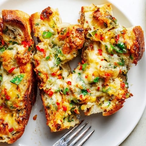 Mouthwatering chili cheese garlic bread slices, garnished with fresh herbs and melted cheese.  