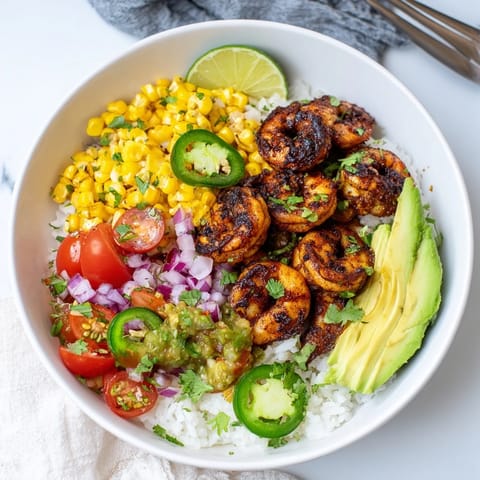Colorful blackened shrimp bowl with fresh avocado corn salsa and lime for zest.  