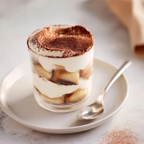 Indulgent Tiramisu Cup layered with creamy mascarpone and rich espresso flavor.  