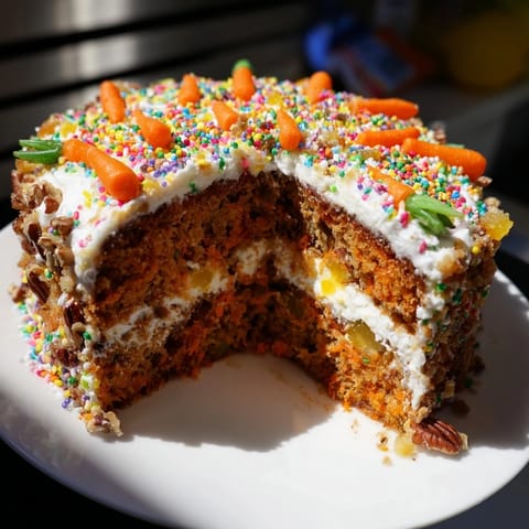 Warm, spice-filled Silly Carrot Cake with a mountain of colorful, swirled cream cheese frosting.