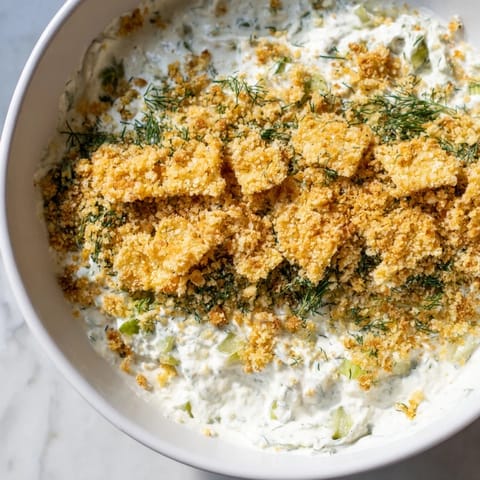 Appetizing close-up of the flavorful Fried Pickle Dip with crispy, golden panko crumbs.