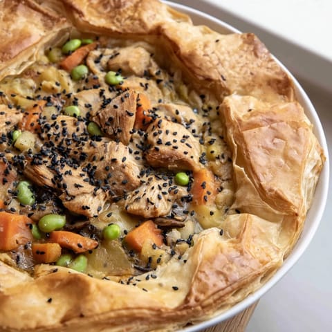 Flaky crust topping a bubbling Japanese-Inspired Chicken Pot Pie, filled with savory chicken and miso gravy.
