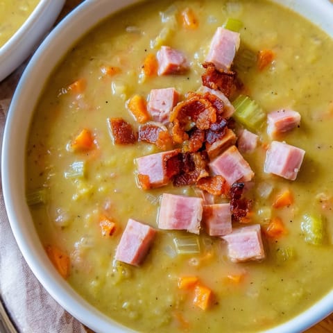 Thick and creamy Split Pea Soup offers a view of hearty chunks of ham and savory bacon.