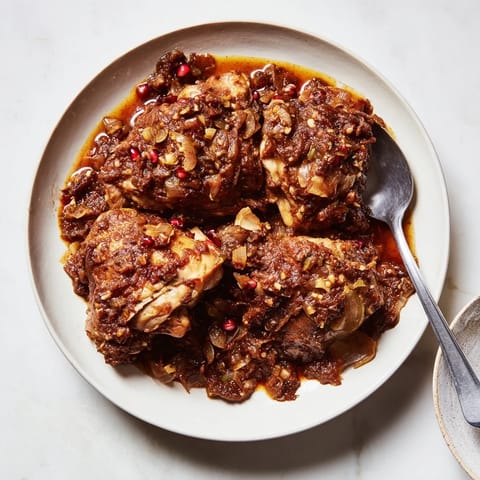 Tender chicken in a luscious Pomegranate Walnut Fesenjan stew, garnished with bright red pomegranate seeds.