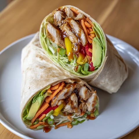 A close-up of a delicious teriyaki chicken wrap, showing juicy chicken and fresh fillings.