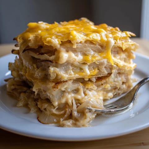 A close-up of a steaming Budget-Friendly Potato Layer Bake, showcasing its cheesy, golden-brown top.