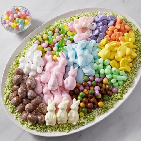 This Egg-Shaped Candy Platter presents a delightful array of chocolate eggs, jelly beans, and other treats.