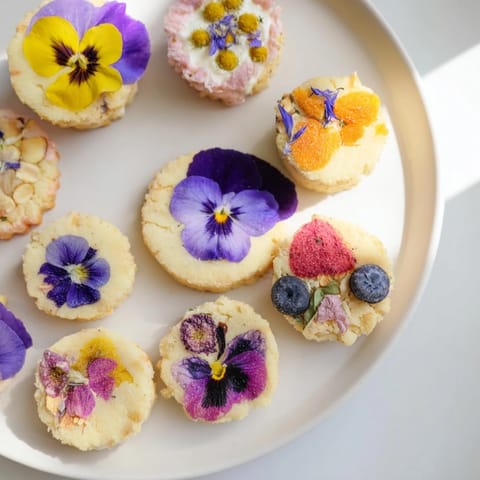 A delectable spring flower dessert tray: lemon cakes, yogurt parfait, and delicate shortbread.