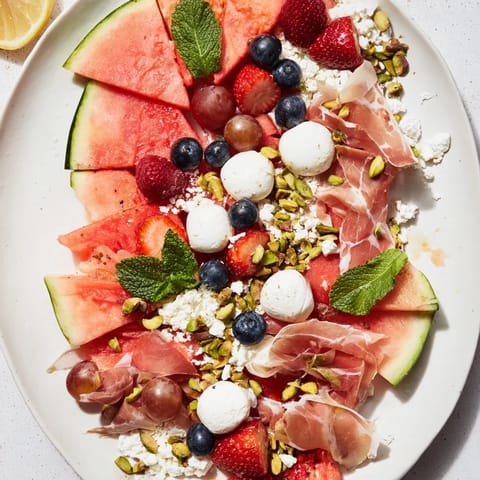 A close-up of a refreshing Watermelon Slice Charcuterie, showcasing colorful fruits and cheeses arranged beautifully.