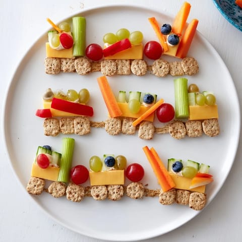 Choo Choo Train Snack Track loaded with colorful fruits, veggies, cheese—a fun and healthy snack idea.