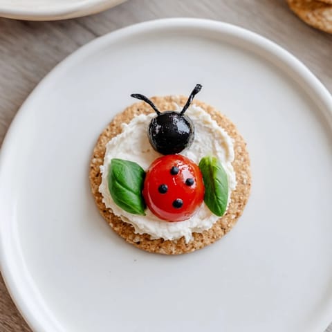 These Ladybug Love Picnic Finger Foods feature vibrant red tomatoes and black olive heads on crackers, ready to eat.