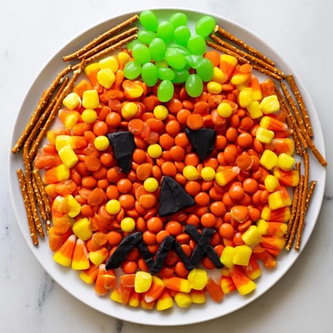 This sweet Jack-o-Lantern Candy Board features a colorful assortment of treats, perfect for sharing.