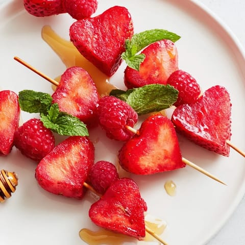 Freshly assembled Red Heart Fruit Skewers offer a healthy, colorful dessert option, perfect for sharing and enjoying.