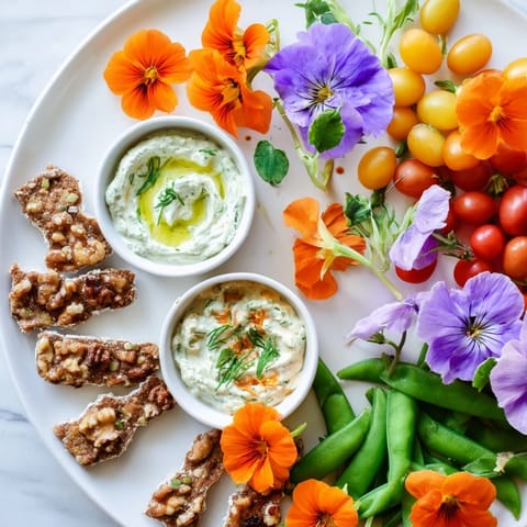 Vibrant Fairy Garden Platter with beautiful edible flowers and fresh vegetables, ready to enjoy.