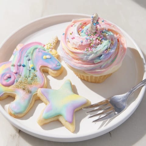 Taste the sweetness: a close-up of the whimsical Magical Unicorn Dessert Table, a party centerpiece.