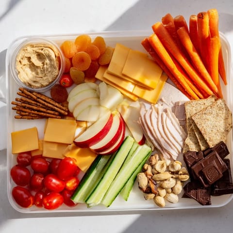 Easy road trip snack platter with grapes, carrots, and sweet dark chocolate squares for delightful travel.