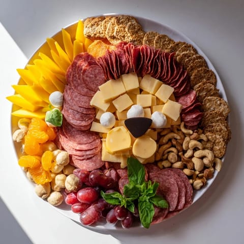 Savory Lion King meat and cheese platter, with sliced meats and colorful fruit arranged appealingly.