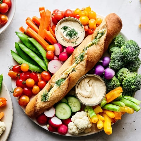 Vibrant Cornucopia Veggie Board, with a baguette overflowing with crisp cucumbers, carrots, and tomatoes.