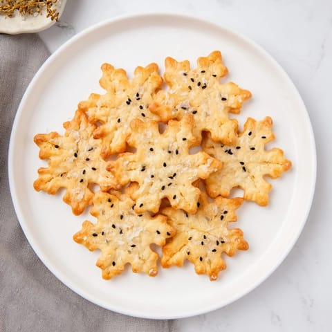 Snowflake cutout crackers arranged on a cheese board, inviting guests with their buttery, crisp edges.