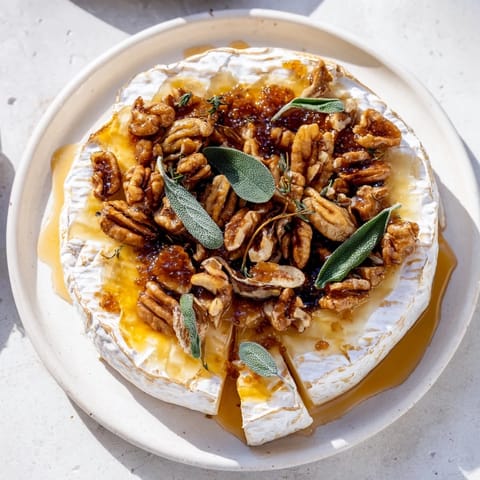 Creamy, melted Baked Brie topped with sweet fig jam, ready to be scooped up with crackers.