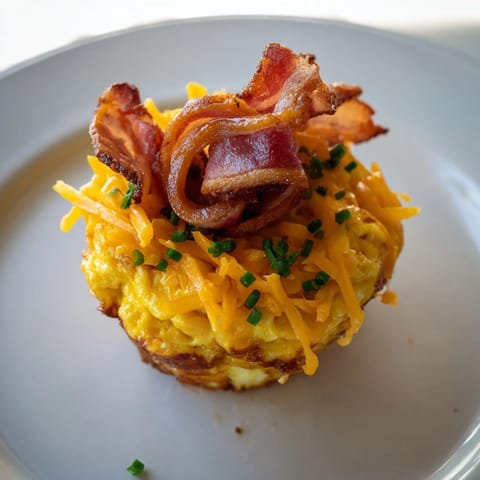 Golden baked Scrambled Egg Cups, beautifully garnished with crispy bacon for a flavorful breakfast.