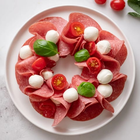 Savory folded salami wreath, a quick appetizer, ready to serve with crackers for guests.