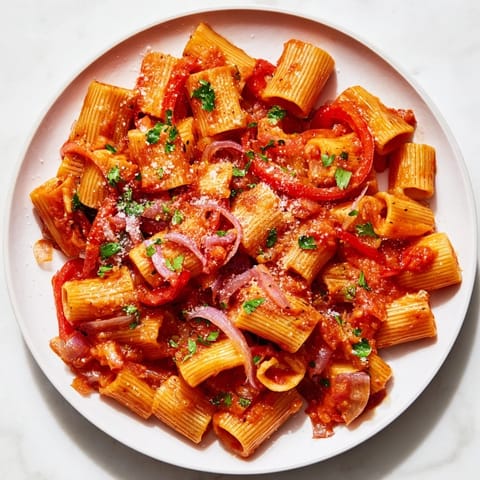 A close-up of the finished One-Pot Diavola spicy pasta, sprinkled with fresh herbs and Parmesan cheese.