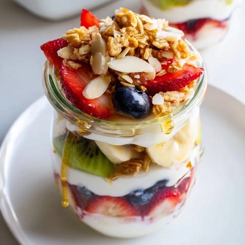 Freshly assembled Layered Yogurt Fruit Parfait with vibrant berries and creamy yogurt, perfect breakfast.