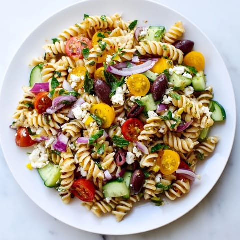 A vibrant bowl of lemon pasta salad, featuring fresh vegetables and creamy feta cheese.
