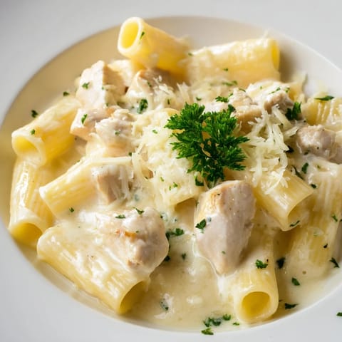 A close-up of a bubbling Chicken Alfredo Bake, showing rich sauce and melted cheese atop pasta.