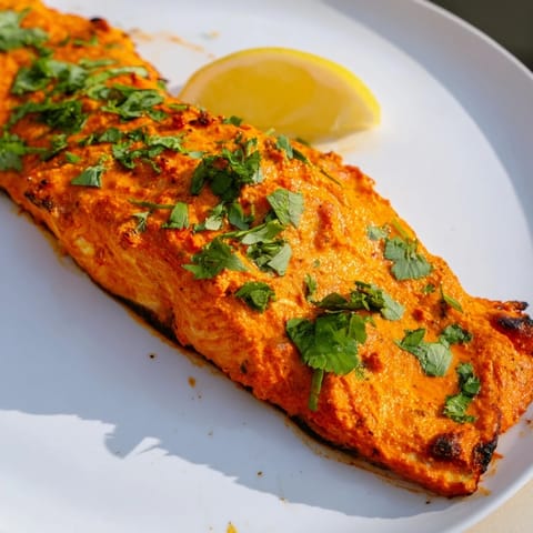 Vibrant red-orange Indian Tikka Salmon, a beautifully cooked, healthy dinner entree.