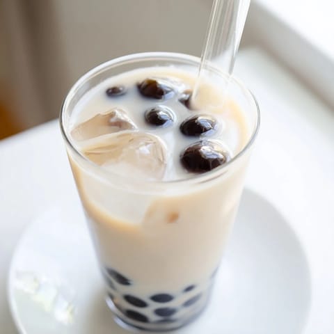 Homemade boba tea hack: A refreshing, cool beverage with tea, milk, and instant tapioca pearls.