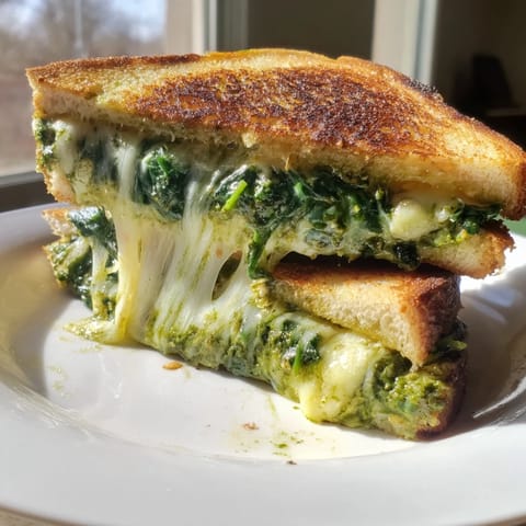 Spinach Pesto Grilled Cheese sandwich, served warm, with vibrant green pesto and melted cheese.