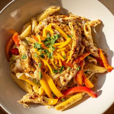 A steaming skillet of Chicken Fajita Pasta Skillet with colorful peppers, ready to serve.