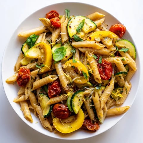 A delicious bowl of Garden Veggie Pasta, featuring fresh basil and parmesan cheese.
